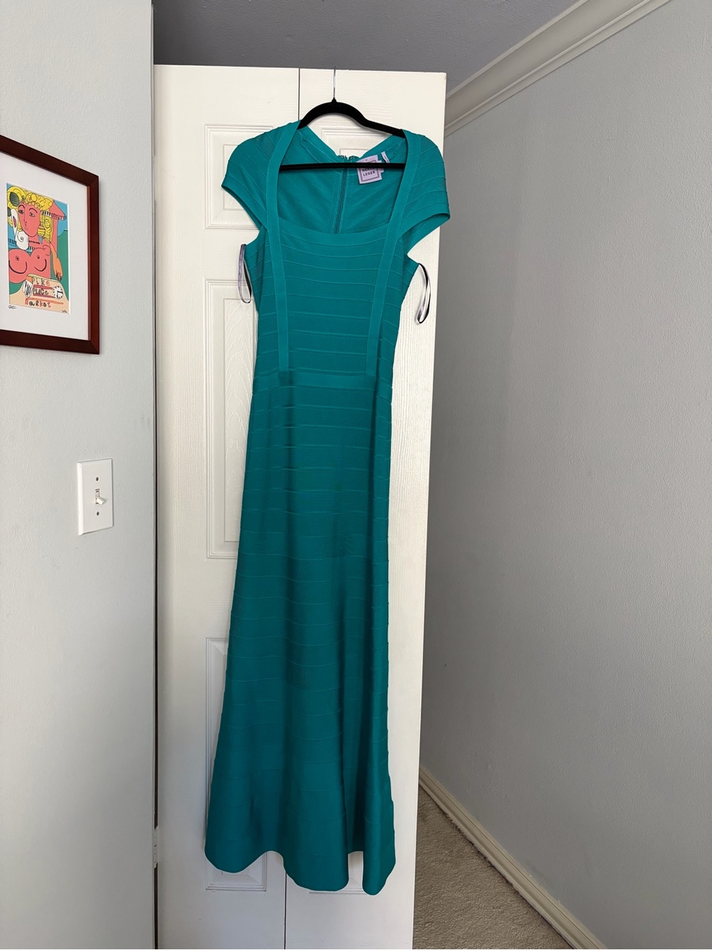 Herve Leger Teal Cap-Sleeve Bandage Maxi Dress Gown